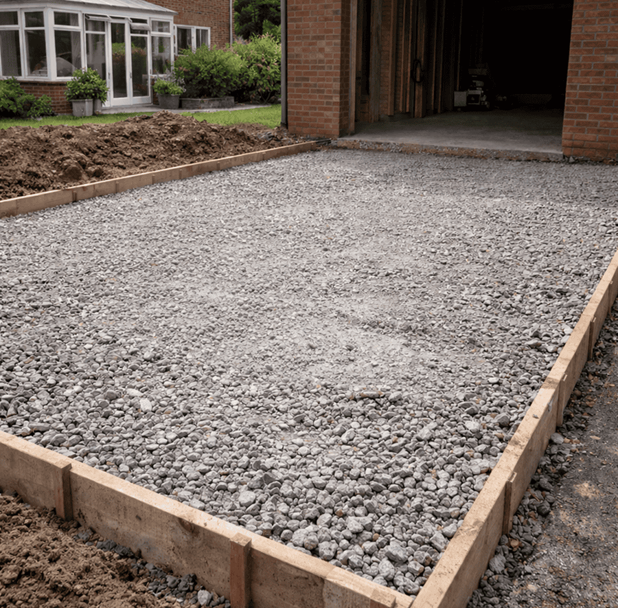 Driveway sub-base preparation with MOT Type 1 and formwork